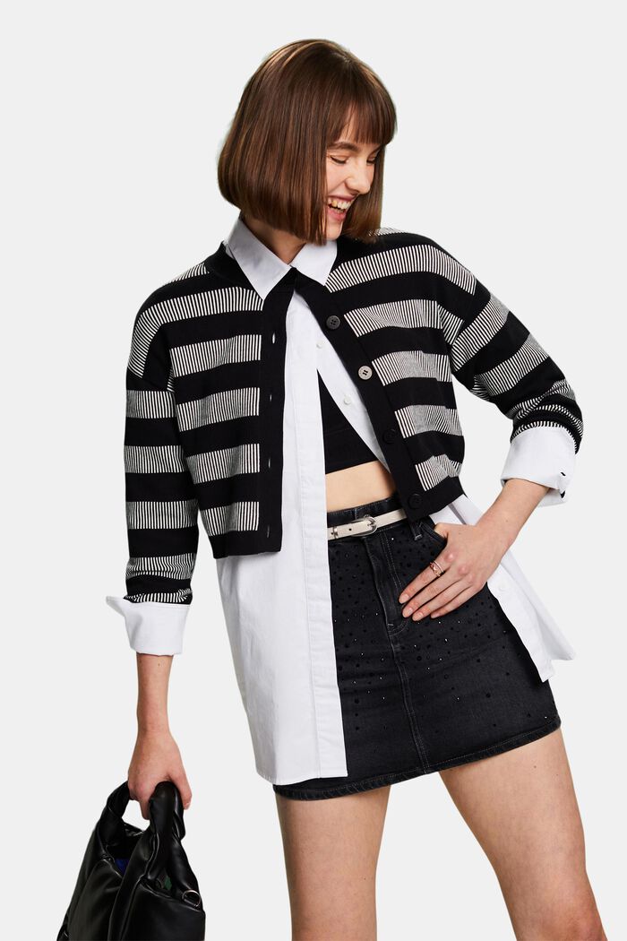 Cropped Jacquard Striped Cardigan, BLACK, detail image number 0