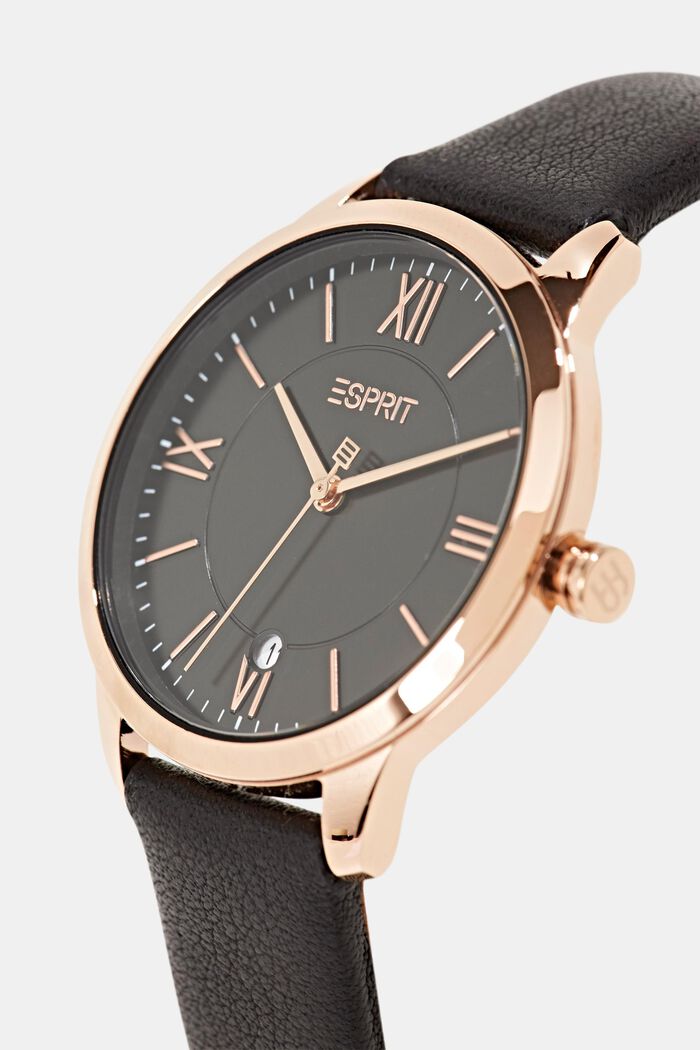 Stainless steel watch with rose gold and a leather strap