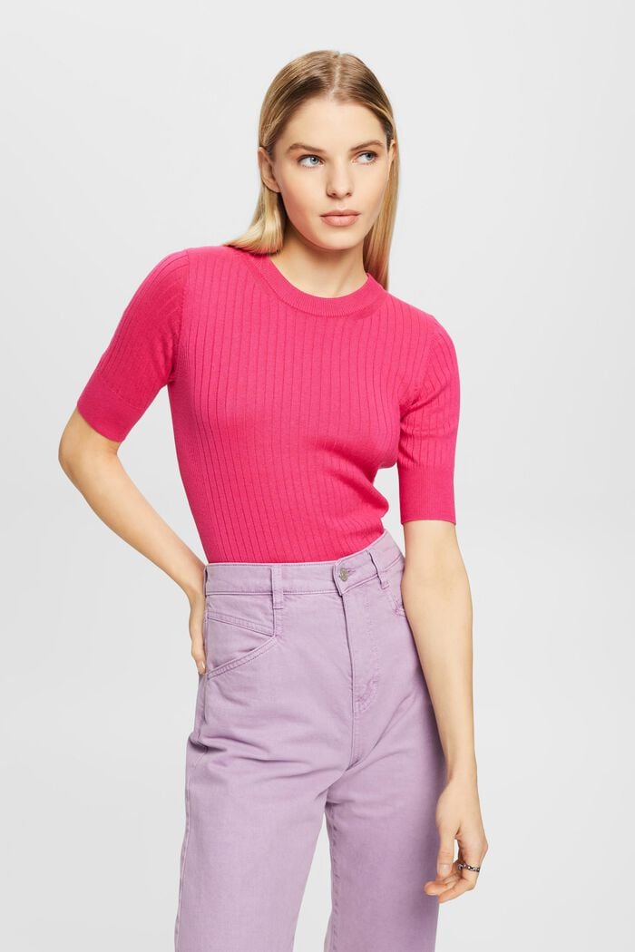 Short-sleeved ribbed sweater, PINK FUCHSIA, detail image number 0