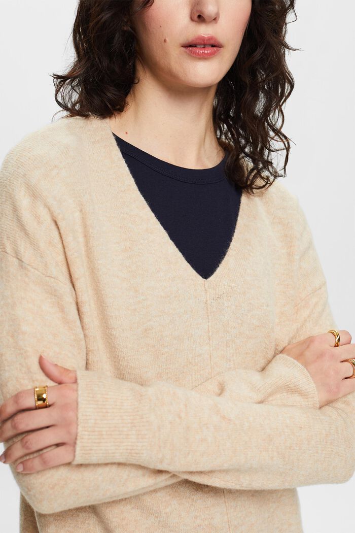 Wool Blend V-Neck Sweater, SAND, detail image number 2