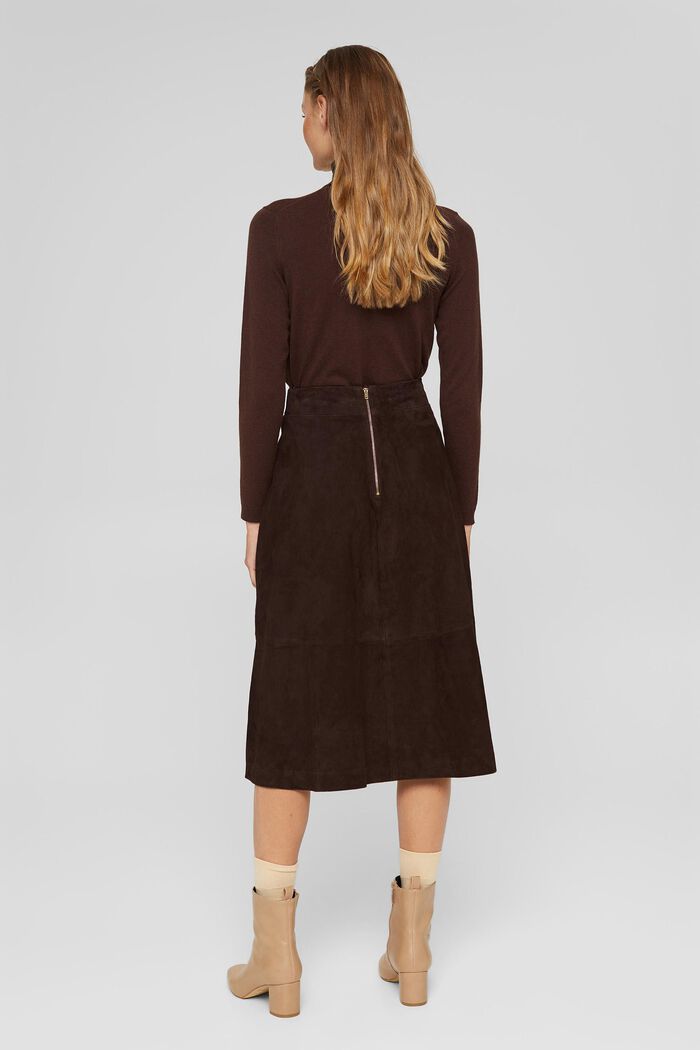 A-line midi skirt made of 100% suede, DARK BROWN, detail image number 3