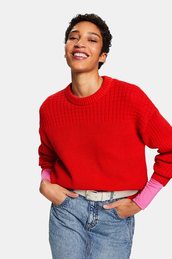 Structured Round Neck Sweater, RED, detail image number 4