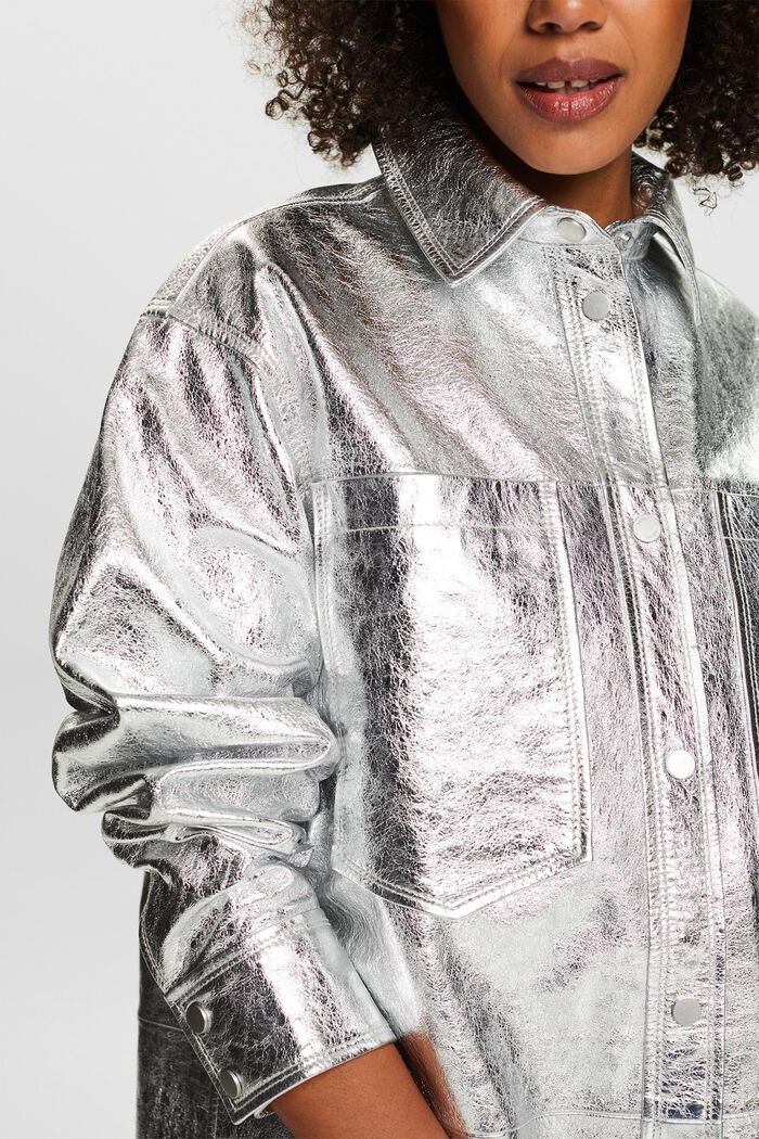 Coated Metallic Leather Shacket, SILVER, detail image number 3