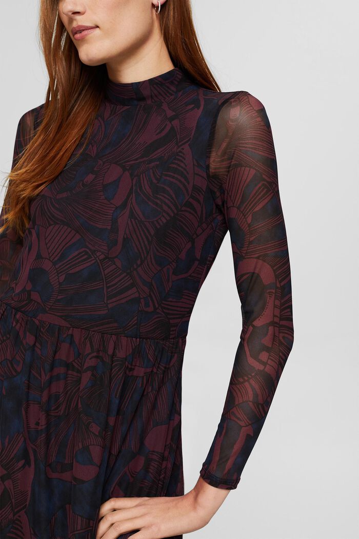 Printed midi-length mesh dress, BORDEAUX RED, detail image number 3
