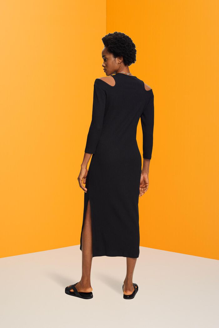 Ribbed midi dress with cut out shoulder detail, BLACK, detail image number 3