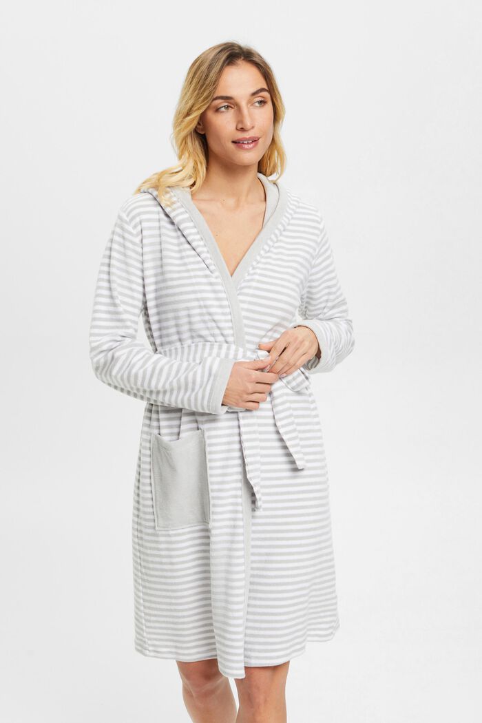 Striped terry cloth bathrobe with hood, STONE, detail image number 0
