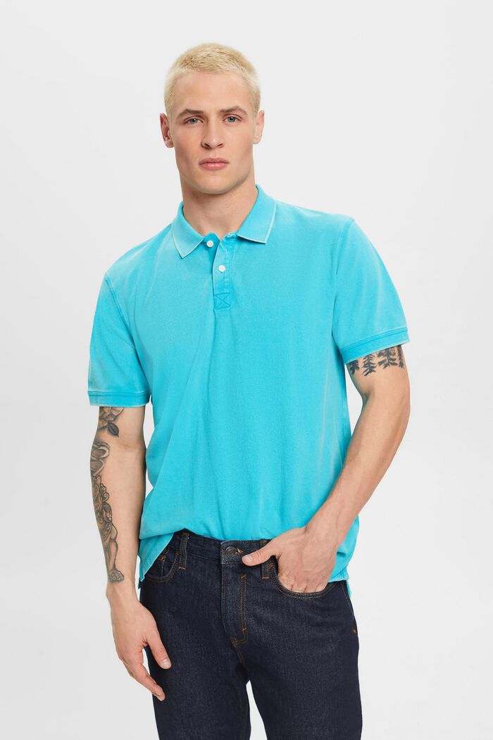 Stone-washed cotton pique polo shirt, AQUA GREEN, detail image number 0