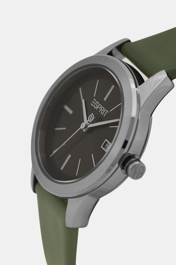 Stainless-steel watch with a leather strap, GREEN, detail image number 1