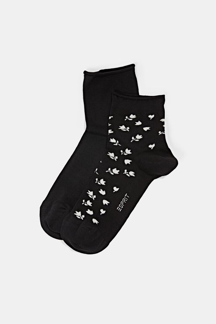 2-pack of short socks with floral pattern, BLACK, detail image number 0