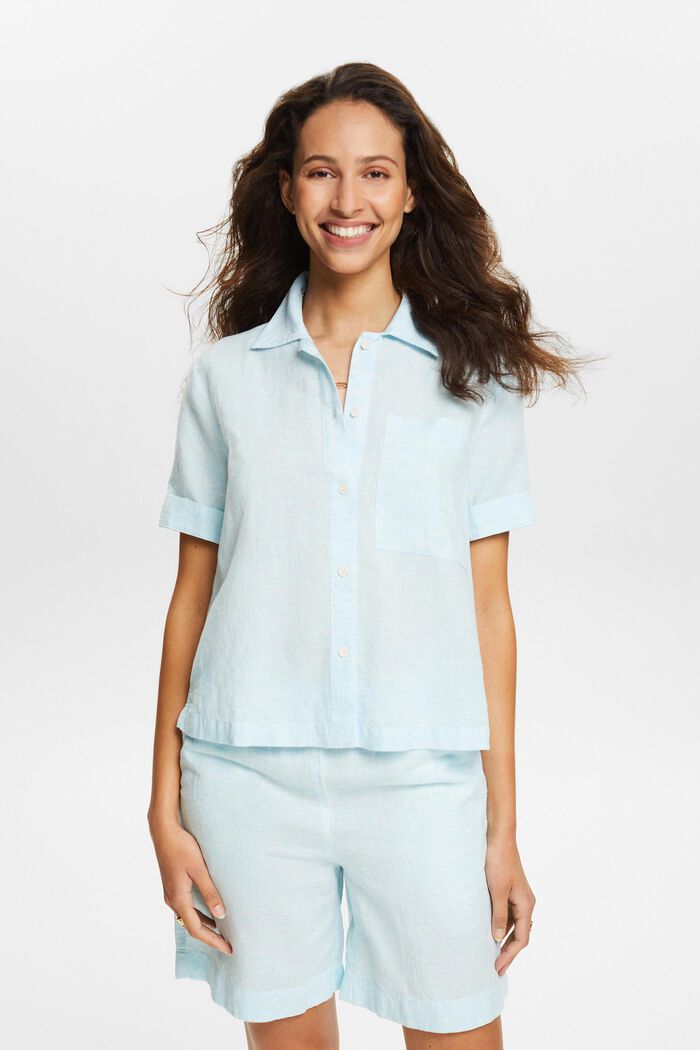 Cotton-Linen Shirt Blouse, LIGHT TURQUOISE, detail image number 0