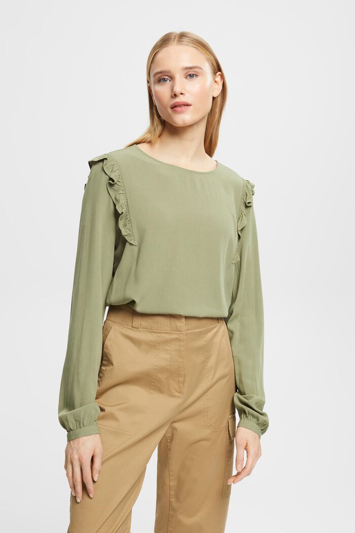 Blouse with ruffle effect, LIGHT KHAKI, detail image number 0
