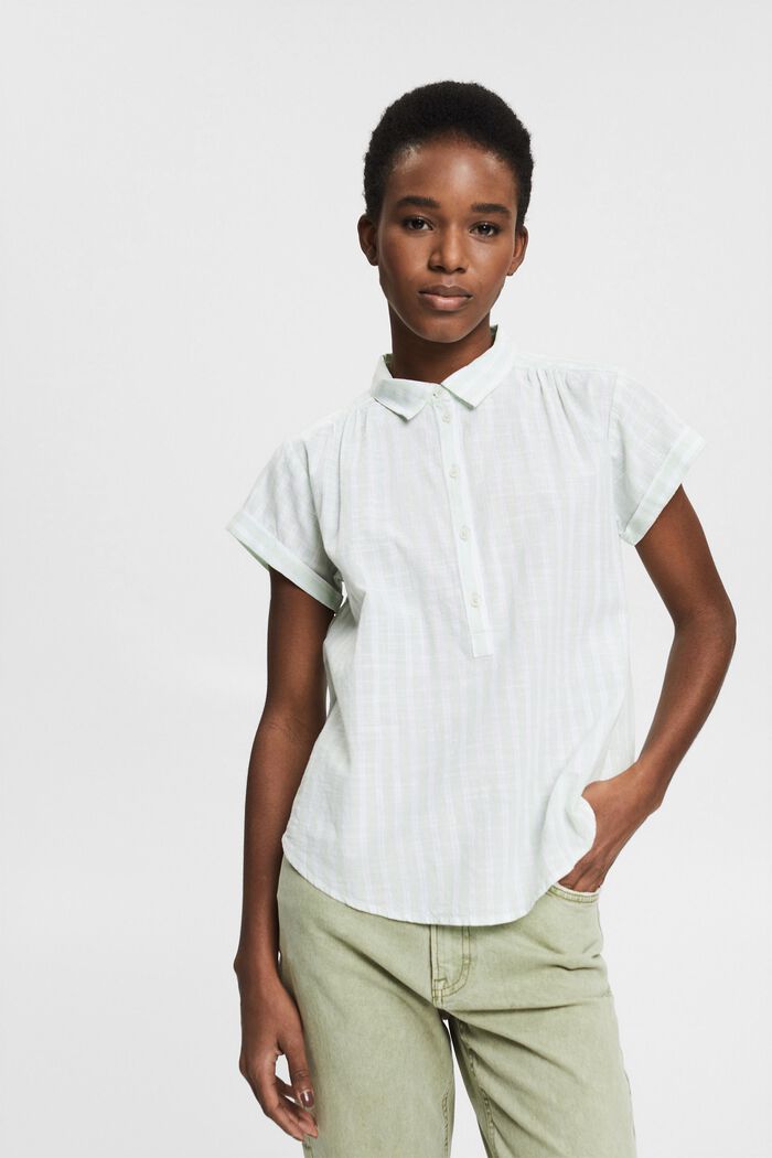 Check blouse with a mid-length button placket