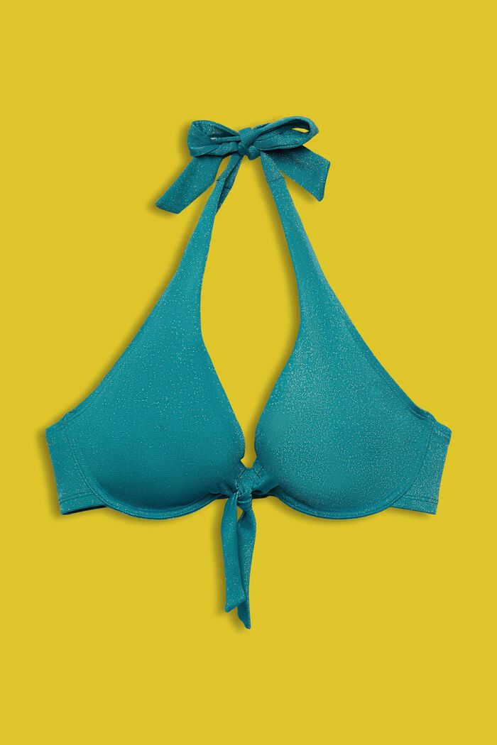 Sparkly halterneck bikini top for big cups, TEAL BLUE, detail image number 1