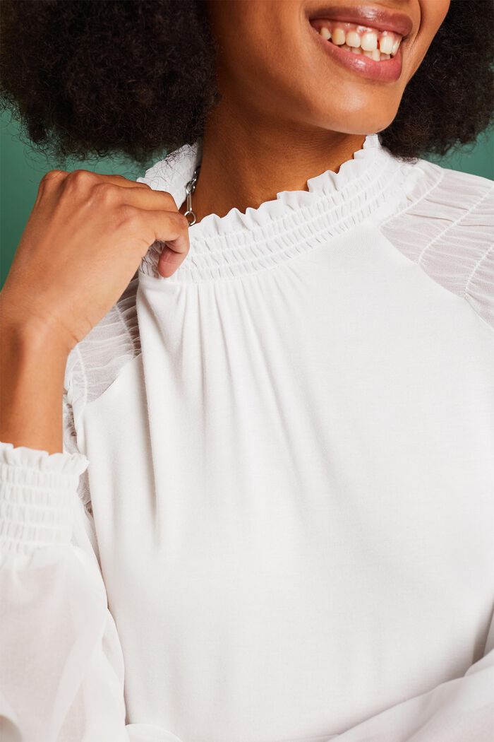 Mixed Fabric Longsleeve Top, OFF WHITE, detail image number 2