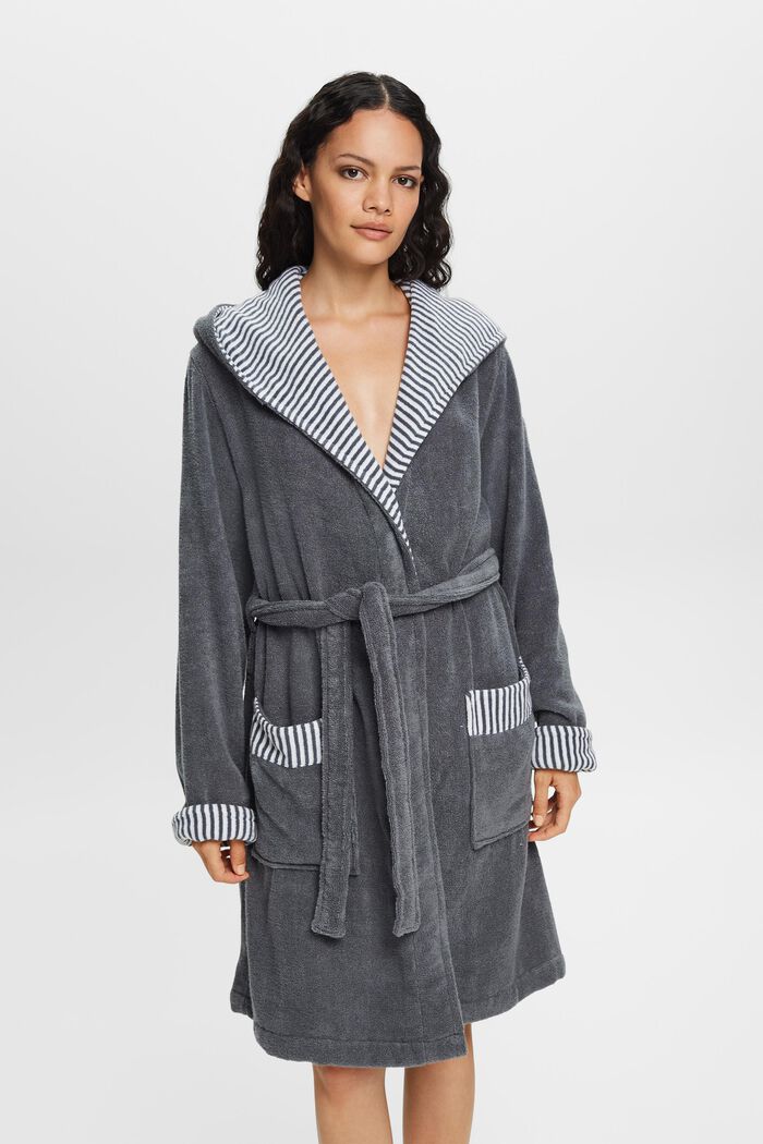 Terry cloth bathrobe with striped lining, GREY STEEL, detail image number 0