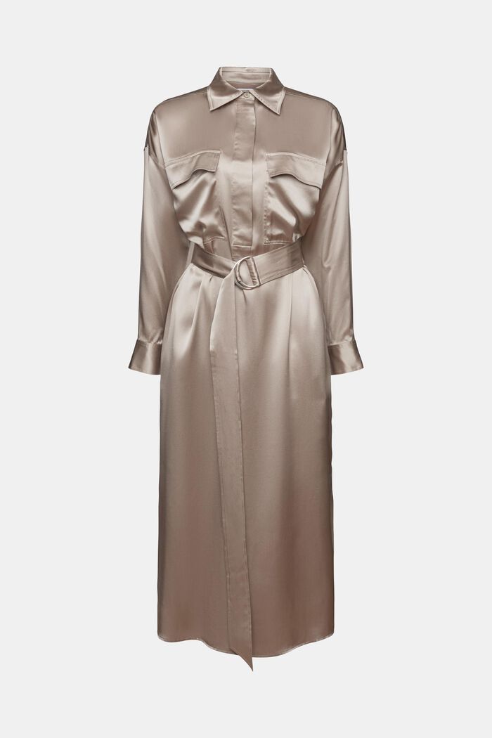 Silk Satin Belted Midi Dress, LIGHT TAUPE, detail image number 6