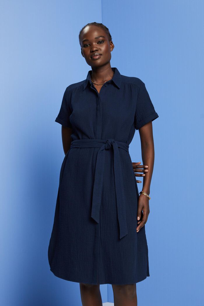 Casual shirt dress with a tie belt, 100% cotton, NAVY, detail image number 0