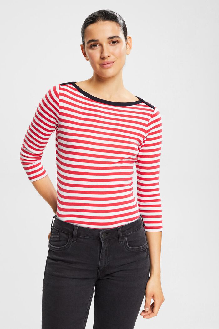 Striped boat neck shirt, RED, detail image number 1