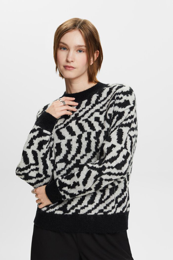 Kid's Cropped Sweater Black and Gray Leopard Wool-Blend Knit Jacquard