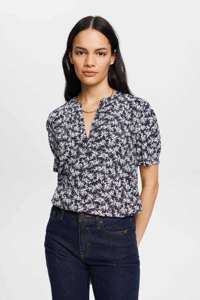 Patterned V-neck blouse, NAVY, detail image number 0