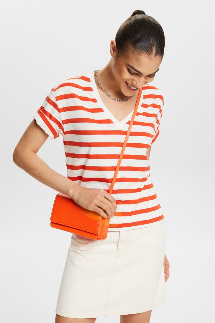 Striped V-Neck T-Shirt, BRIGHT ORANGE, detail image number 0