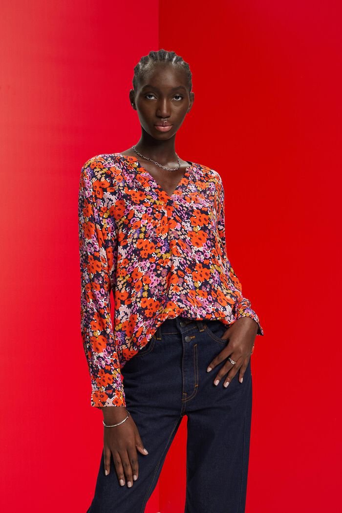 Floral V-neck blouse, NEW NAVY, detail image number 0