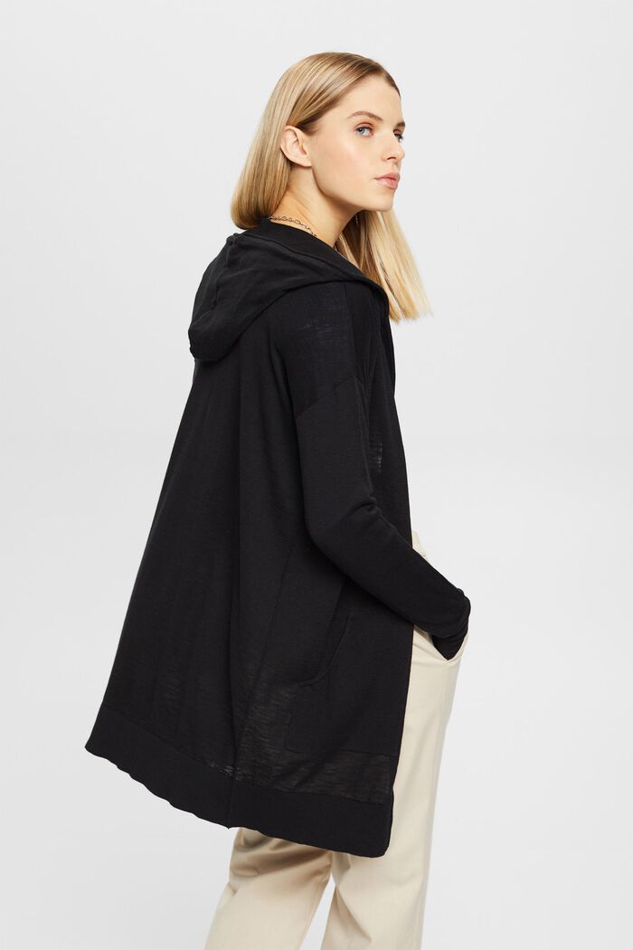 Pure cotton knit cardigan with hood, BLACK, detail image number 3