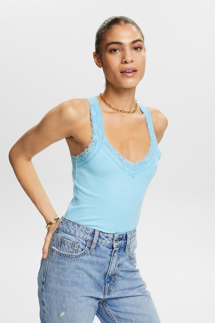 Lace Rib-Knit Jersey Top, LIGHT TURQUOISE, detail image number 0