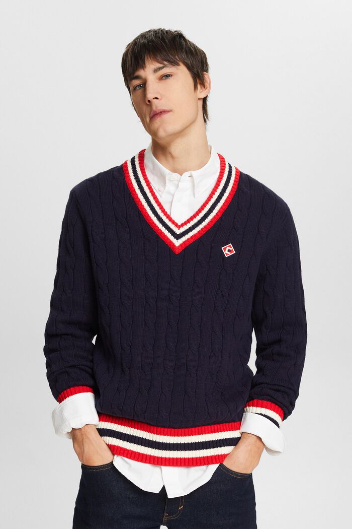 V-Neck Cable-Knit Sweater, NAVY, detail image number 0