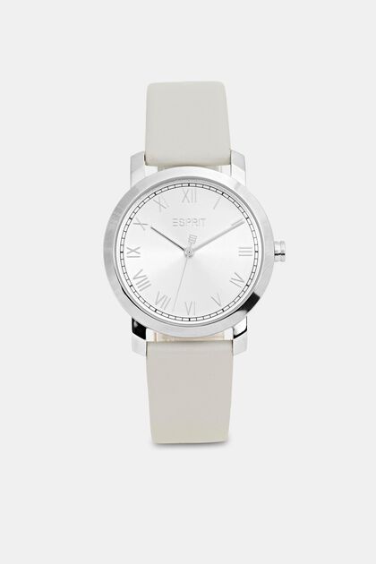 Stainless-steel watch with a leather strap, GREY, overview