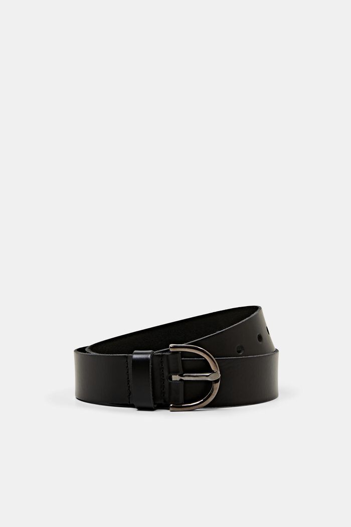 Leather belt with crescent shaped buckle
