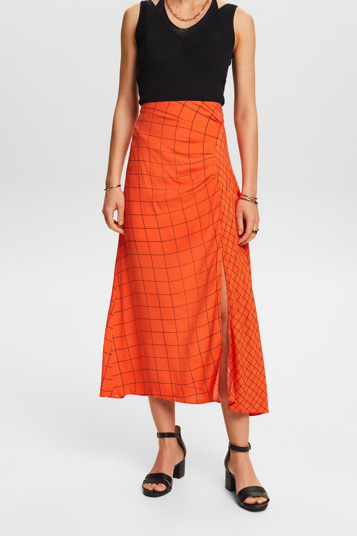 Gathered Grid Print Midi Skirt, BRIGHT ORANGE, detail image number 0