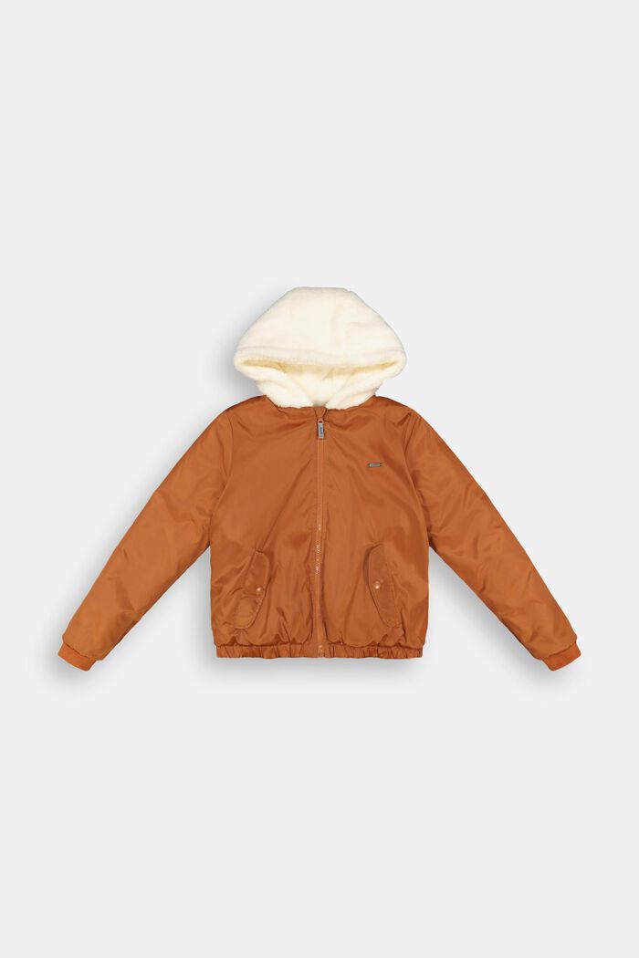 Bomber jacket with a hood and teddy fur lining