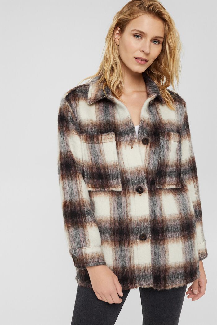 Made of a recycled wool blend: shaggy checked shacket