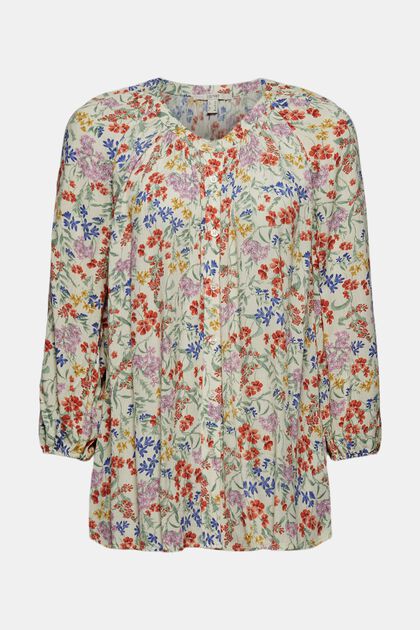 Crinkle blouse with a mille-fleurs print, OFF WHITE, overview