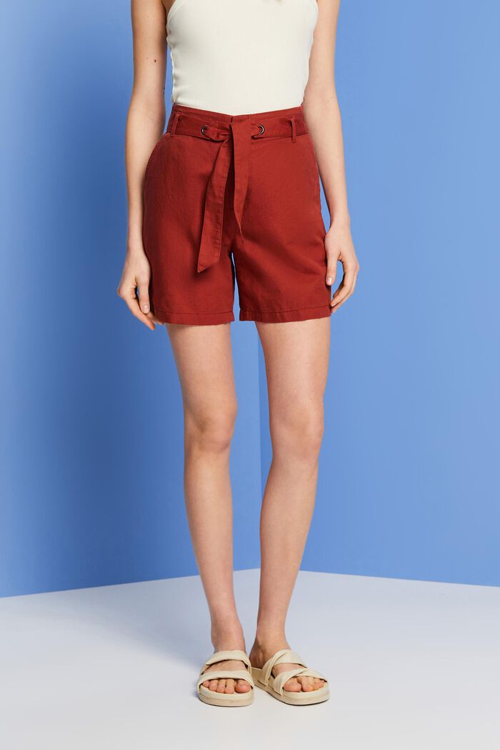 Shorts with a tie belt, cotton-linen blend, TERRACOTTA, detail image number 0