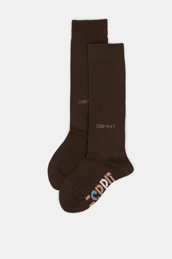 Double pack of knee-high socks with a logo, DARK BROWN, detail image number 0