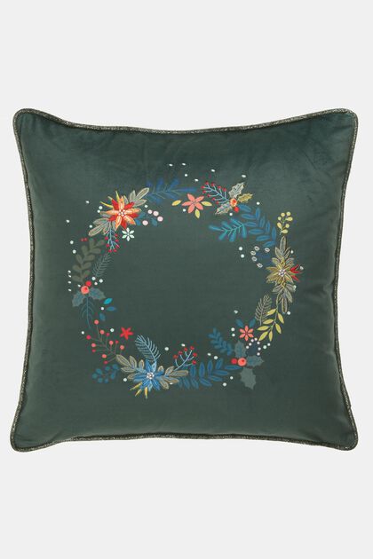 Velvet cushion cover with embroidery, GREEN, overview