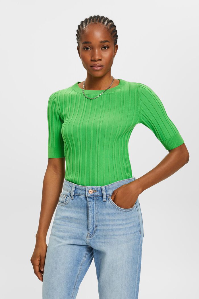 Short-sleeved ribbed sweater, GREEN, detail image number 0