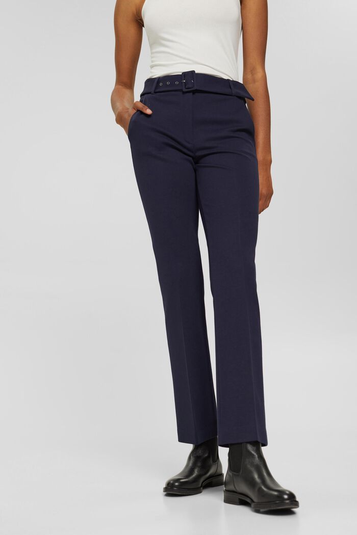 Stretch trousers with a belt and straight leg, NAVY, detail image number 0