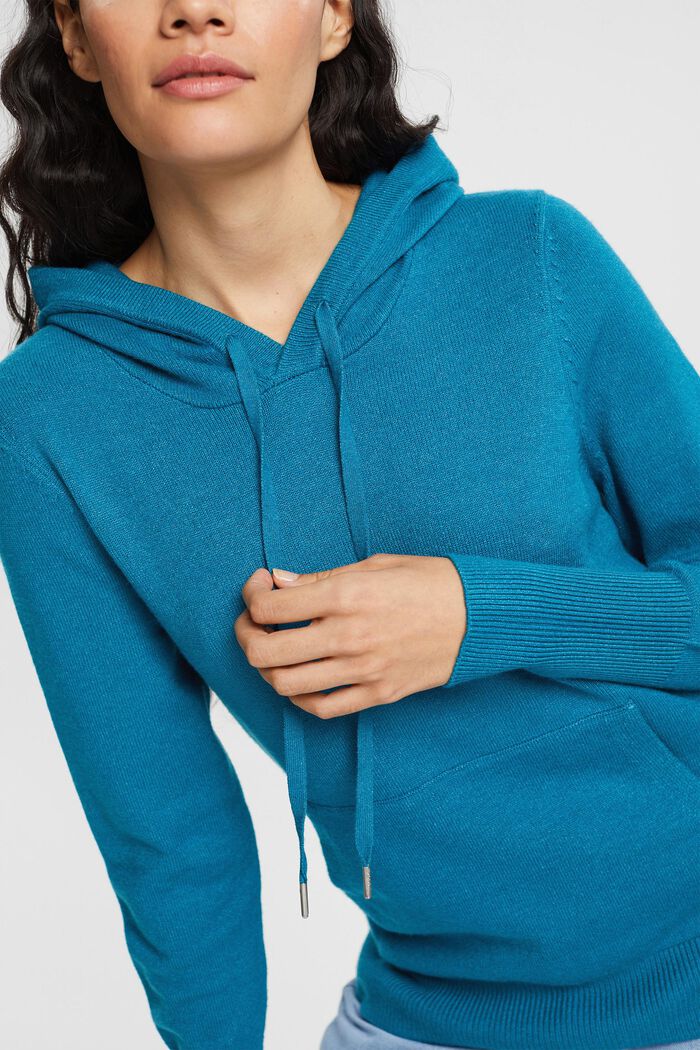 Hooded knit jumper, TEAL BLUE, detail image number 0