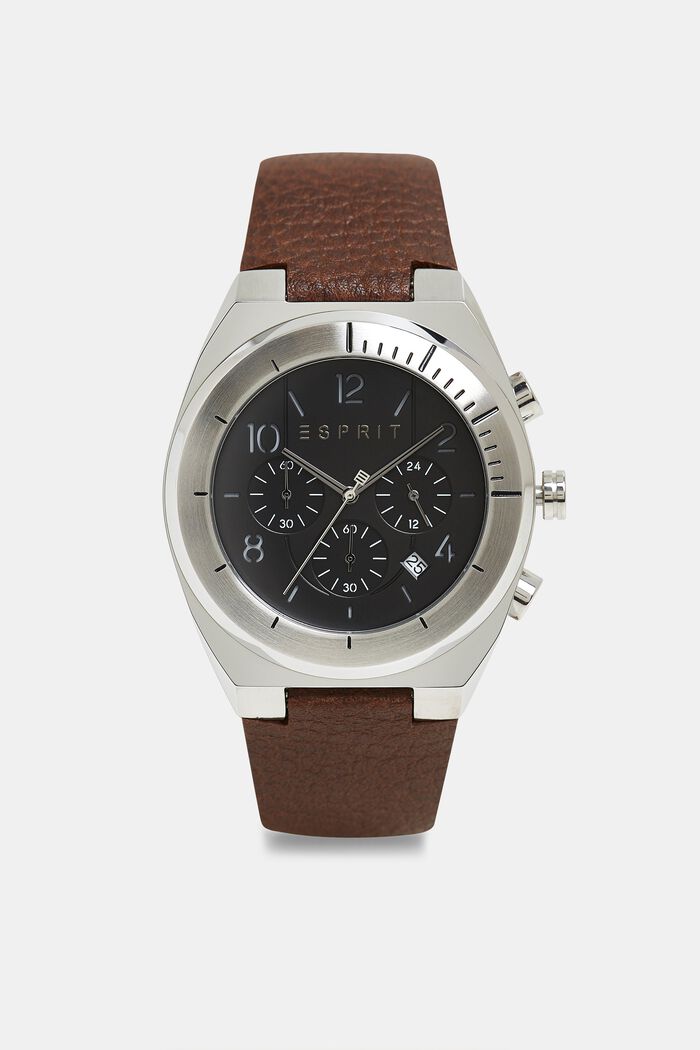 Stainless steel chronograph with a leather strap, BROWN, overview