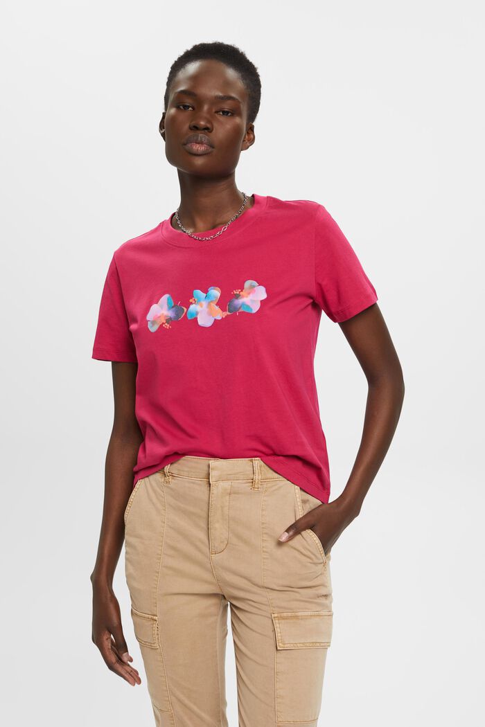 Cotton t-shirt with flower print, DARK PINK, detail image number 0