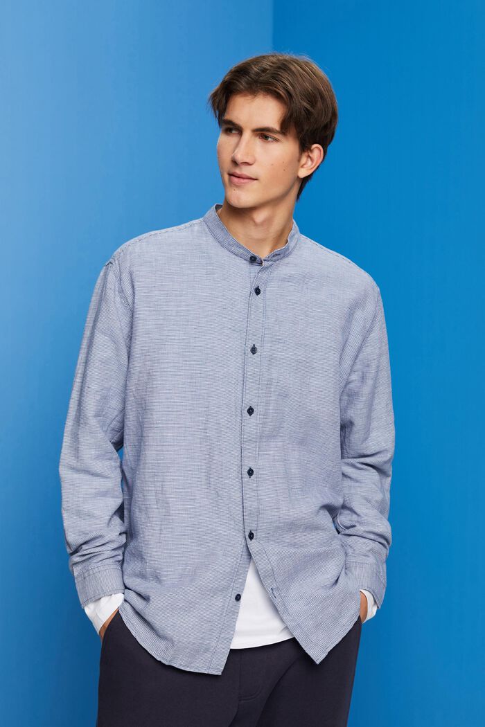Blended linen dogstooth shirt with banded collar, BLUE, detail image number 0