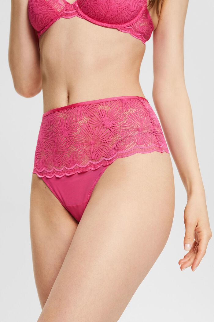 Thong with a wide waistband made of patterned lace, PINK FUCHSIA, detail image number 1