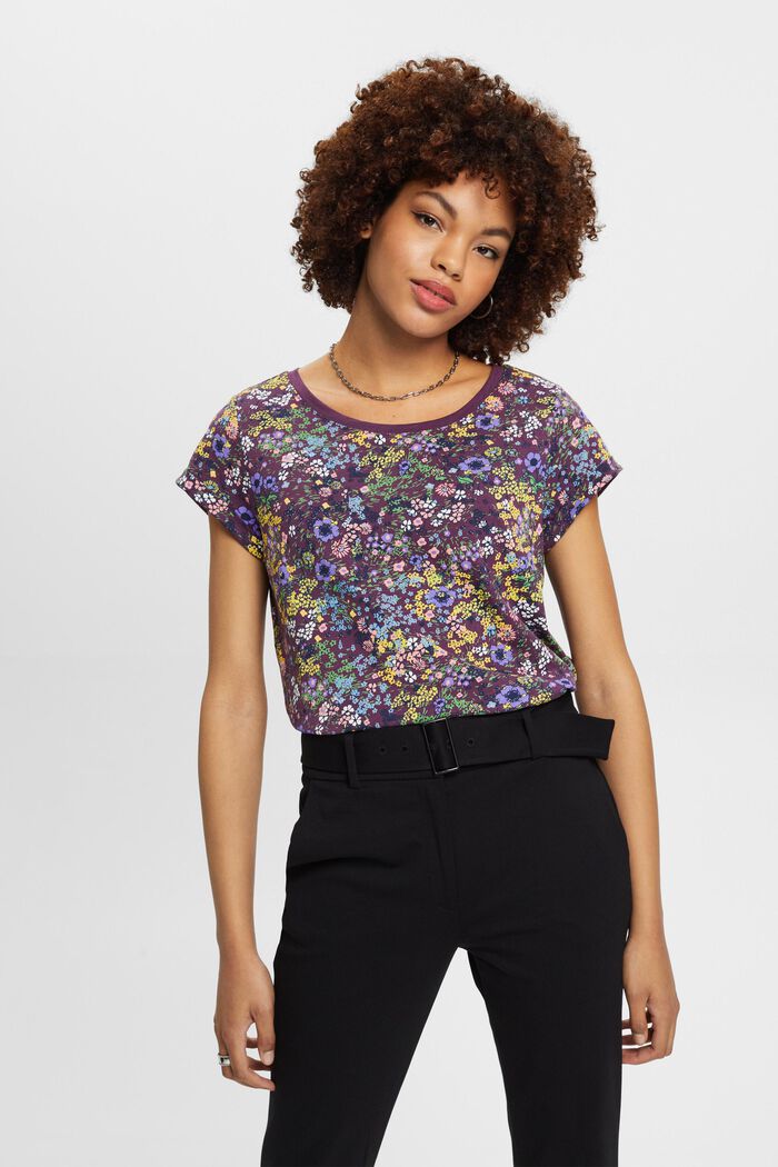 Cotton t-shirt with floral print, DARK PURPLE, detail image number 0
