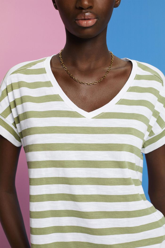 Striped v-neck cotton t-shirt, LIGHT KHAKI, detail image number 2