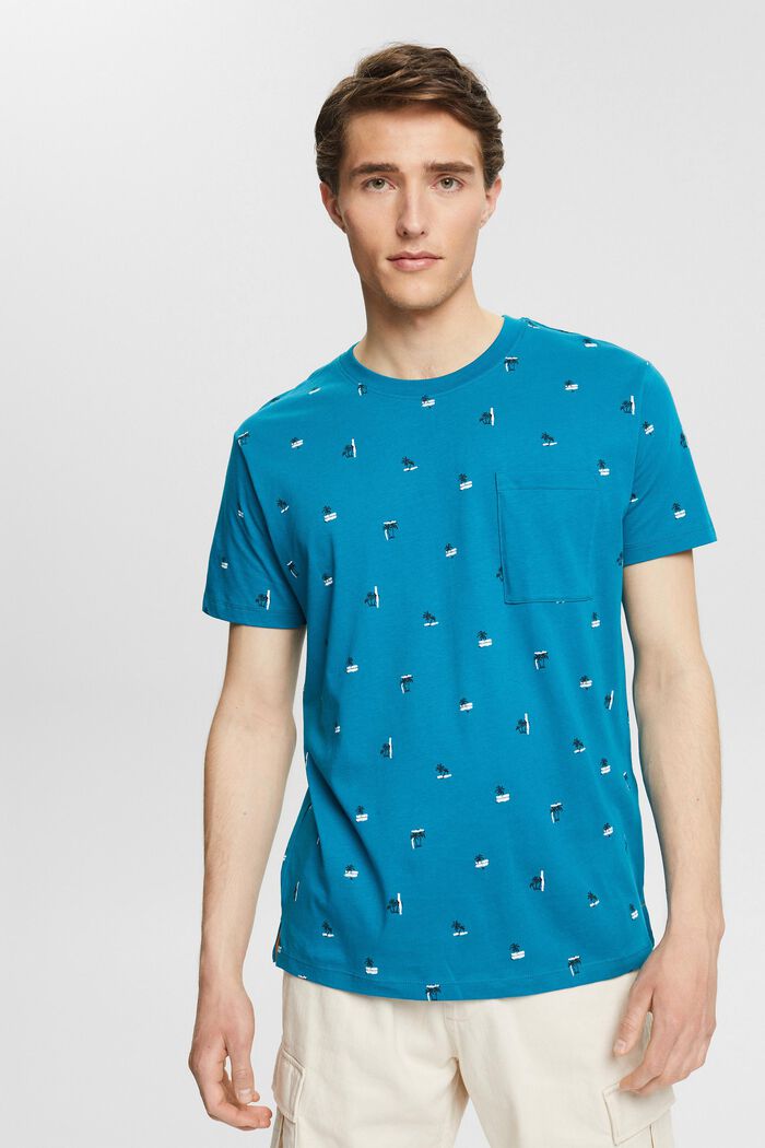Jersey T-shirt with a palm motifs, TEAL BLUE, overview