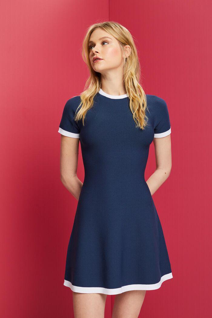 Knitted short-sleeve dress, NAVY, detail image number 0