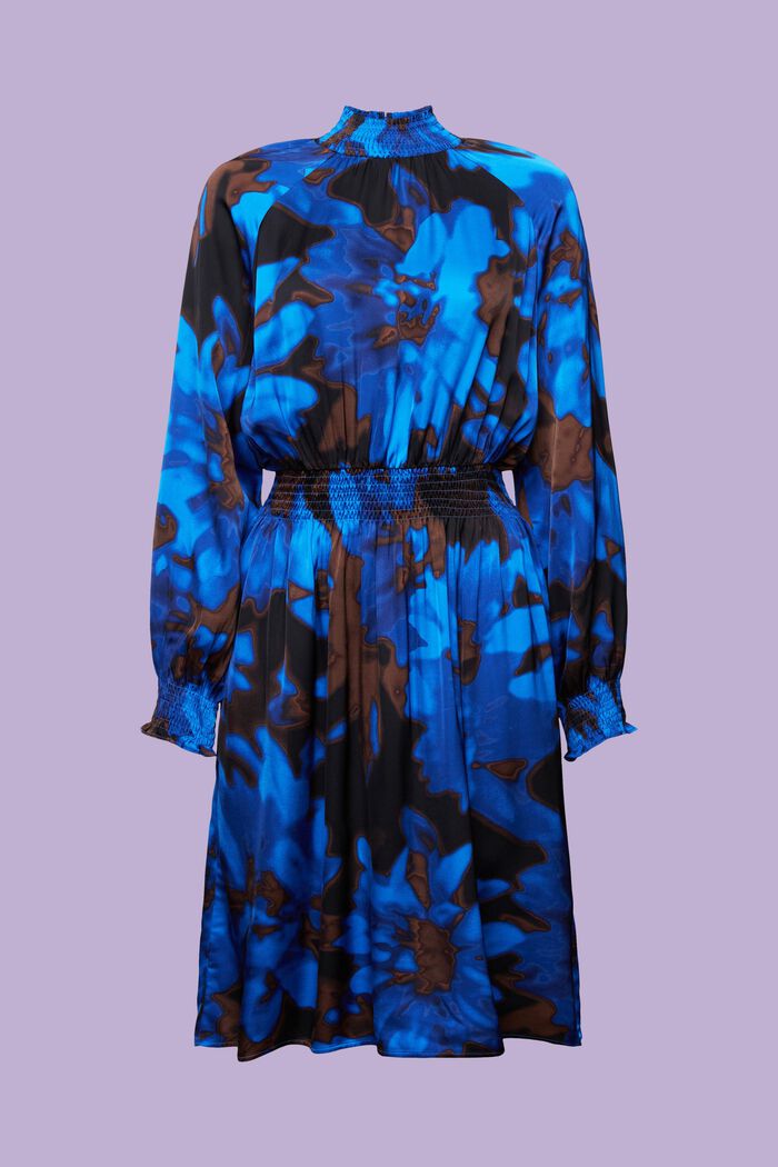 Smocked Satin Print Dress, BRIGHT BLUE, detail image number 6